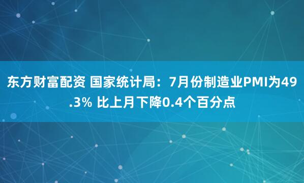 东方财富配资 国家统计局:7月份制造业PMI为49.3% 比上月下降0.4个百分点